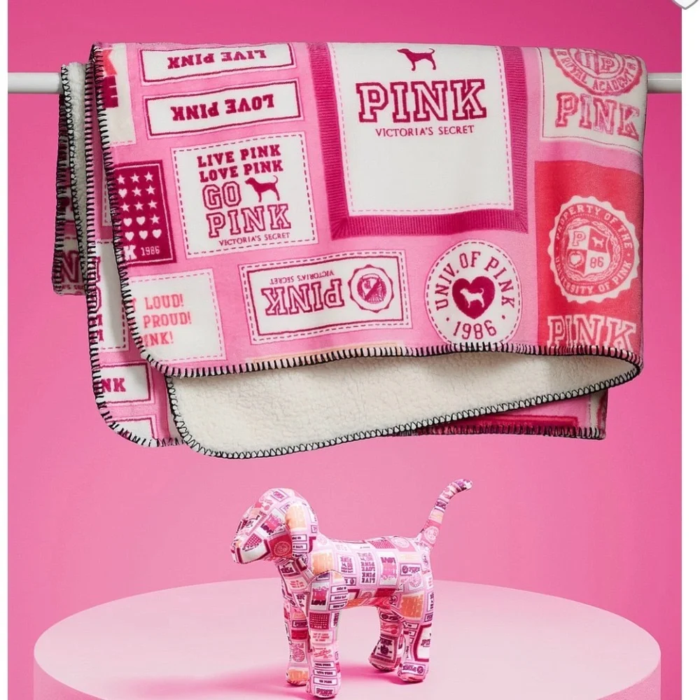PINK Victoria's Secret Plush Logo Throw Blanket - Hot Pink Patchwork